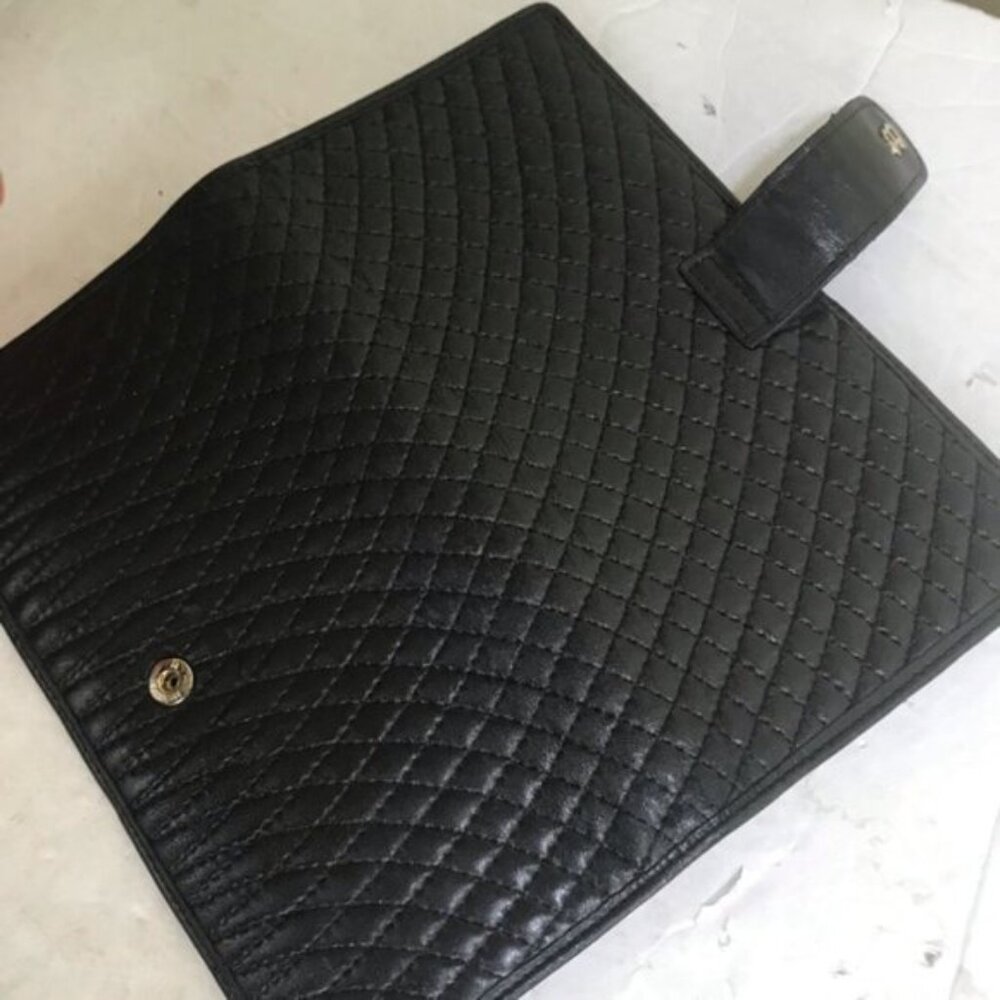 BALLY 80s Vintage Quilted Lambskin Logo Wallet Clutch Black Fold Zipper Bag Gold - Picture 4 of 16